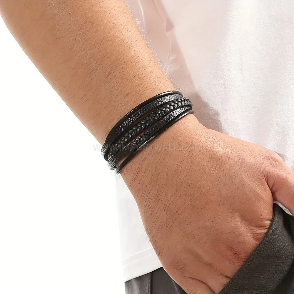 Elegant Vintage Multi Layer Braided Leather Wristband with Zinc Alloy Clasp