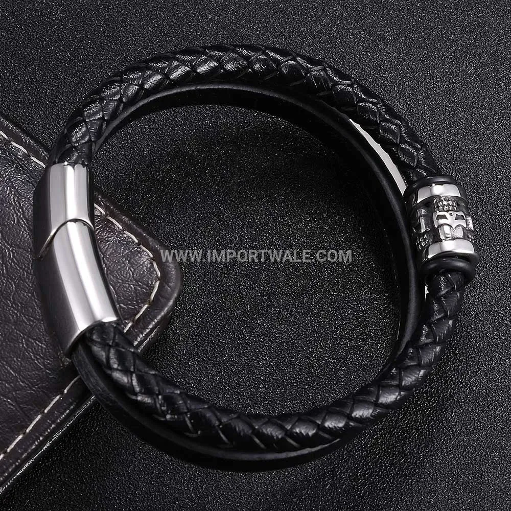 Multi Layer Braided Genuine Leather Wristband with Steel Clasp