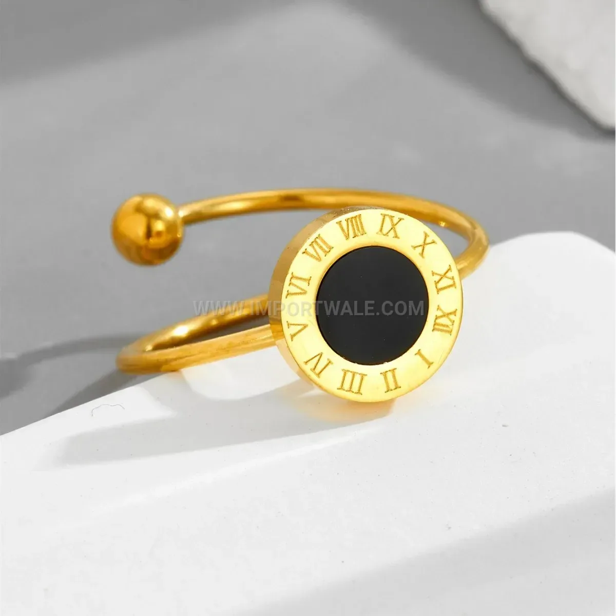 Adjustable Black Daisy Roman Numeral Titanium Steel Open Ring