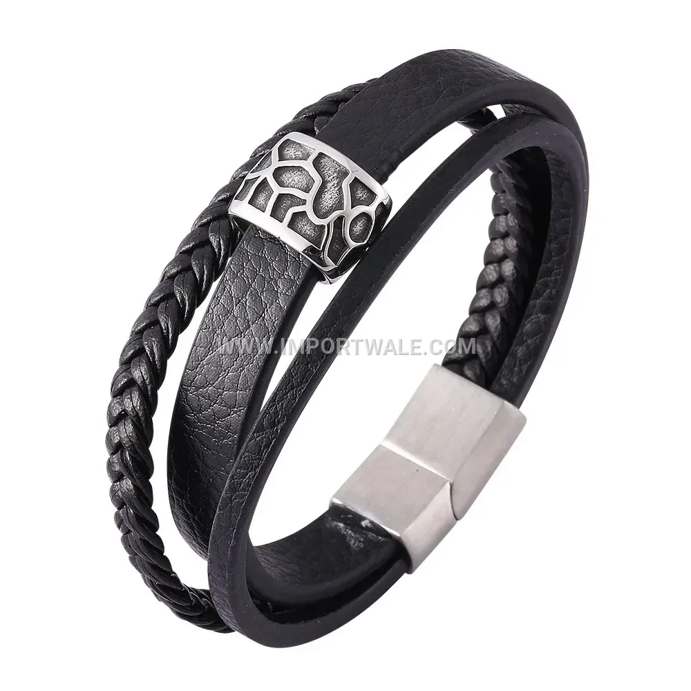 Multi Strand Woven Black Leather Stainless Steel Cuff Bracelet for Men