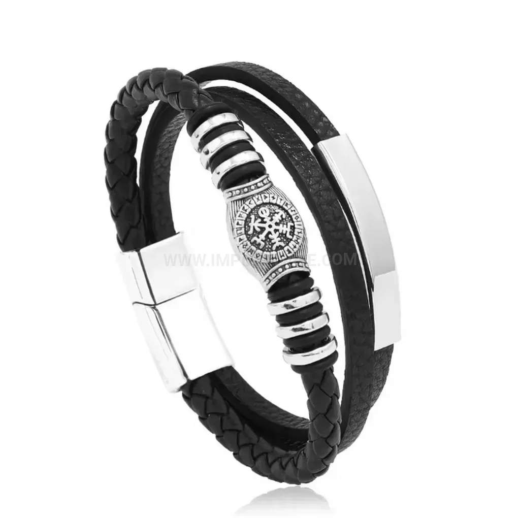 Trendy Triple Layer Patterned PU Leather Wristband With Magnetic Alloy Closure