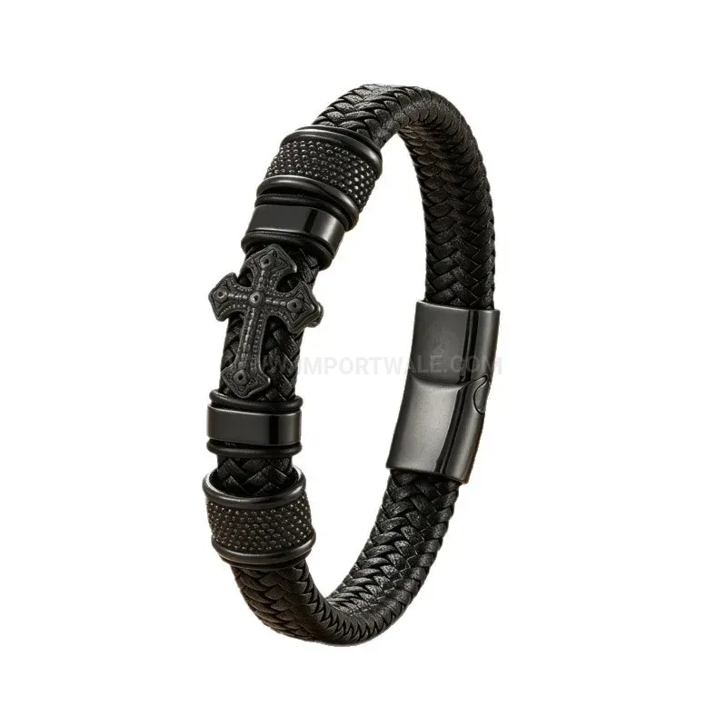 Trendy Braided Leather Cross Charm Wristband with Magnetic Clasp