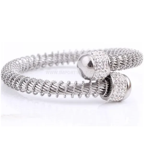 Rhinestone Embedded Stainless Steel Mesh Spring Bangle