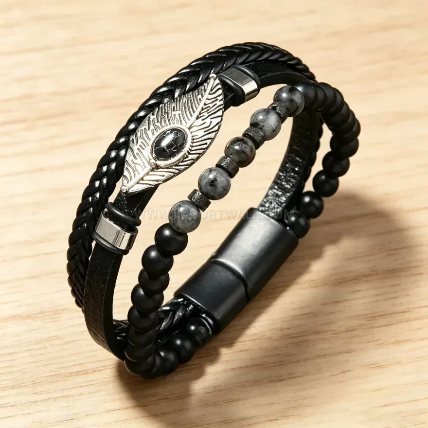 Fashion Feather Turquoise Inlaid PU Leather Bracelet with Magnetic Clasp