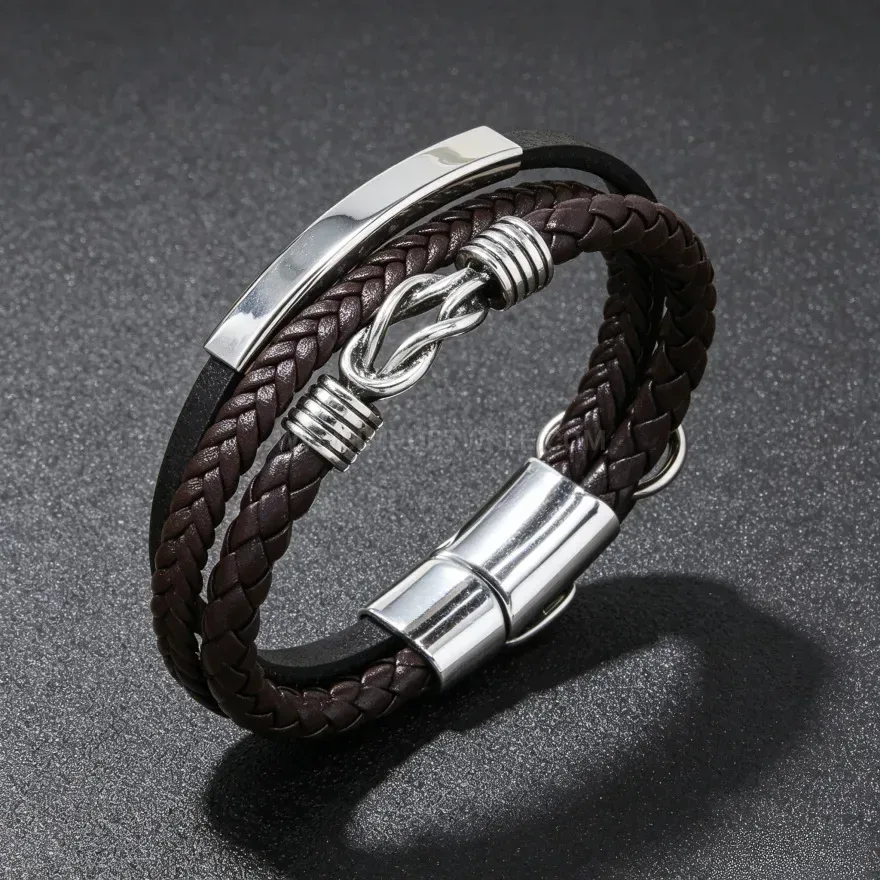 Bold Vintage Multi Layer Knotted Leather Bracelet with Curved Metal Accent
