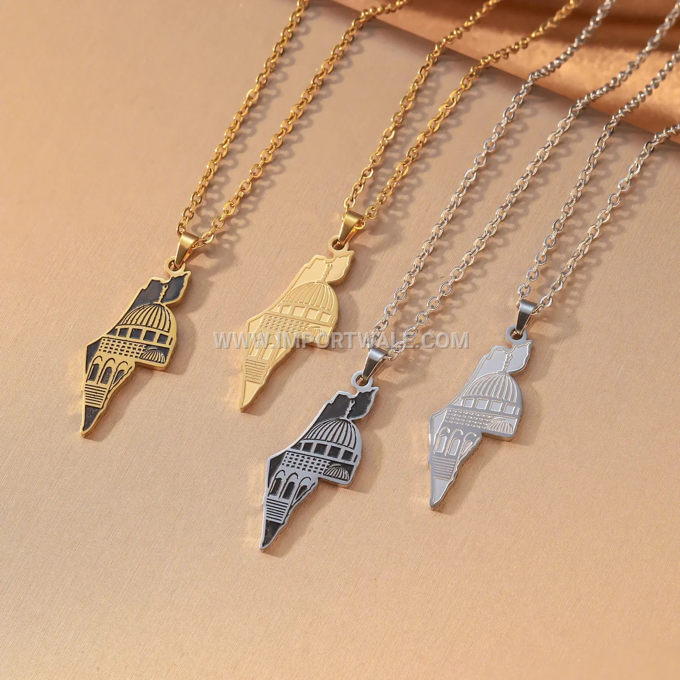 Stainless Steel Palestine Map Dome of the Rock Pendant Necklace