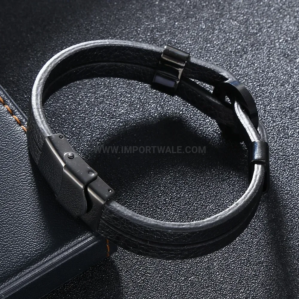 Minimalist Stainless Steel Circle Black Leather Cord Bracelet