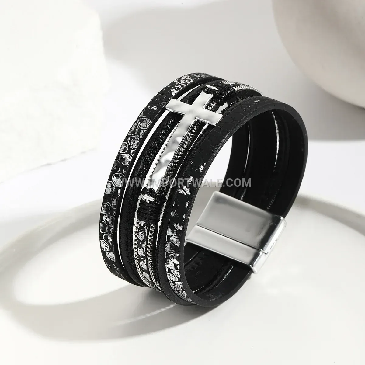 Wide Braided Faux Leather Cross Bracelet with Magnetic Clasp