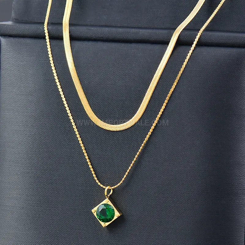 Double Layer Emerald Faux Crystal Geometric Titanium Steel Necklace