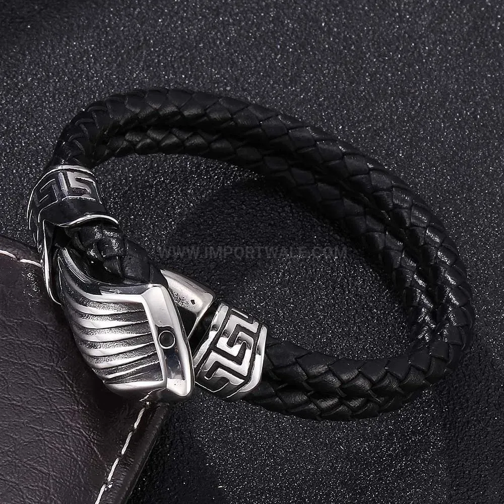 Retro Wing Stainless Steel Woven Leather Bracelet