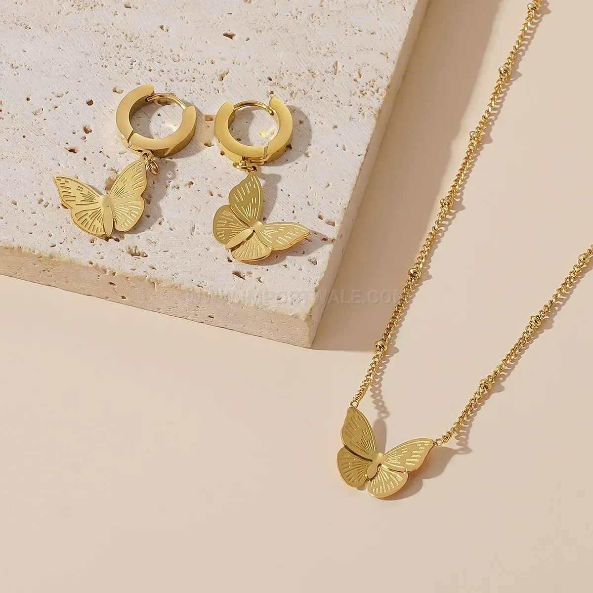 Trendy Titanium Steel Butterfly Pendant Necklace And Earring Jewelry Set