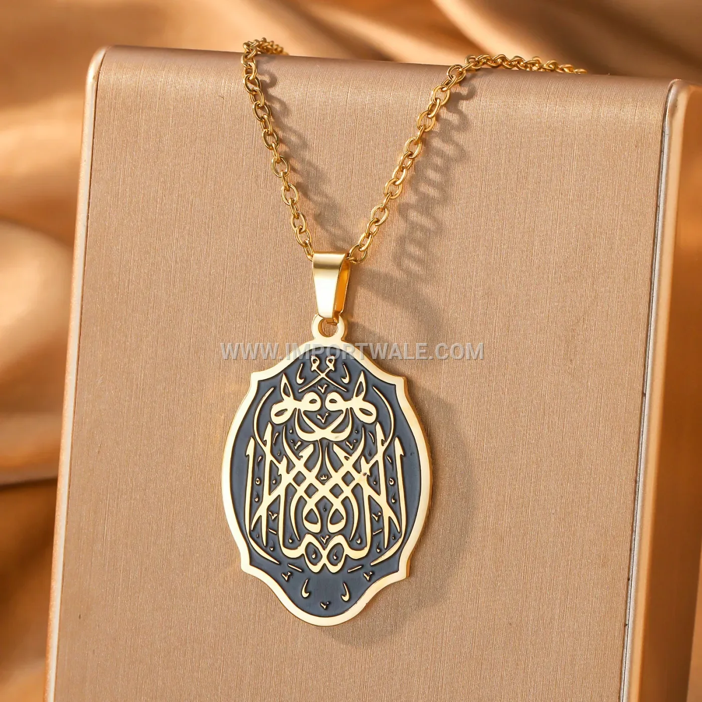 Stainless Steel Black Enamel Shield Allah Calligraphy Pendant Necklace
