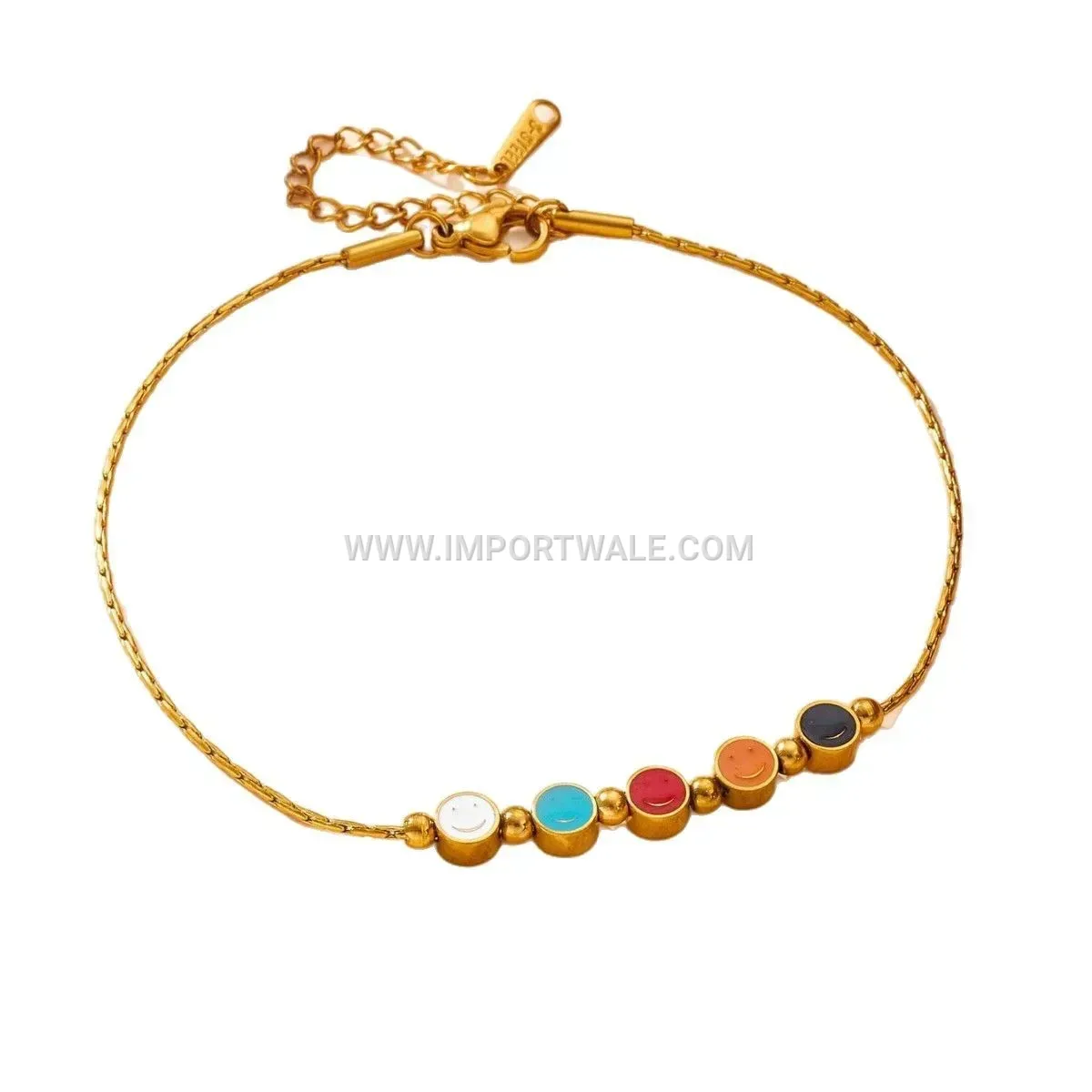 Multicolor Smiley Face Charm Gold Plated Stainless Steel Anklet