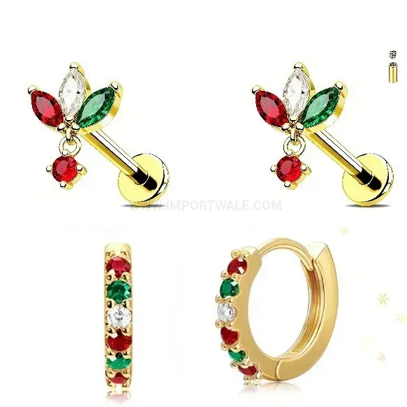 Modern Cubic Zirconia Flat Back Threaded Stainless Steel Earring Set