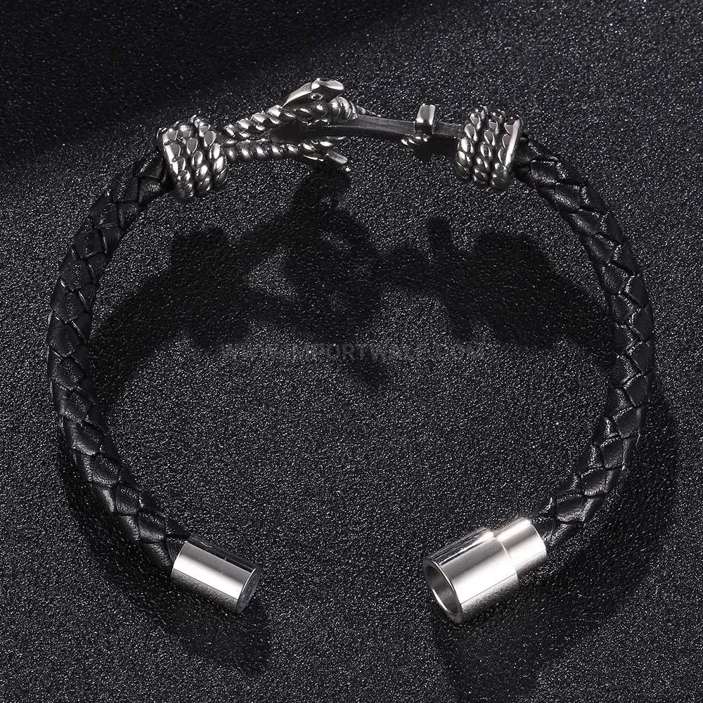 Braided Leather Anchor Charm Bracelet with Magnetic Stainless Steel Clasp