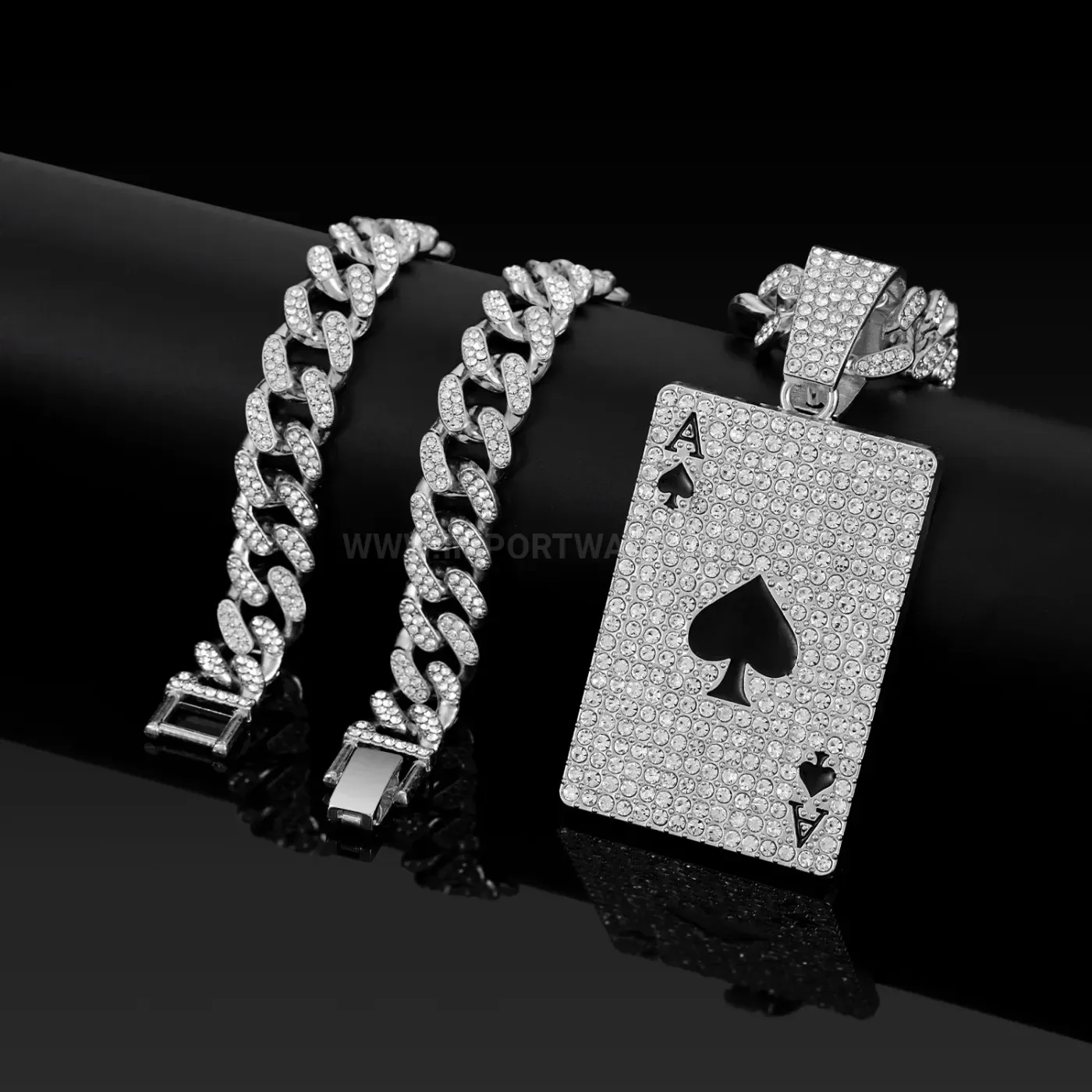 Rhinestone Ace of Spades Playing Card Cuban Link Pendant