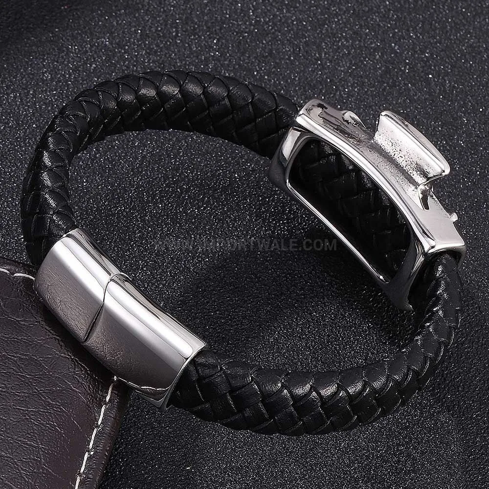 Edgy Skull Cross Stainless Steel Leather Cuff Bracelet