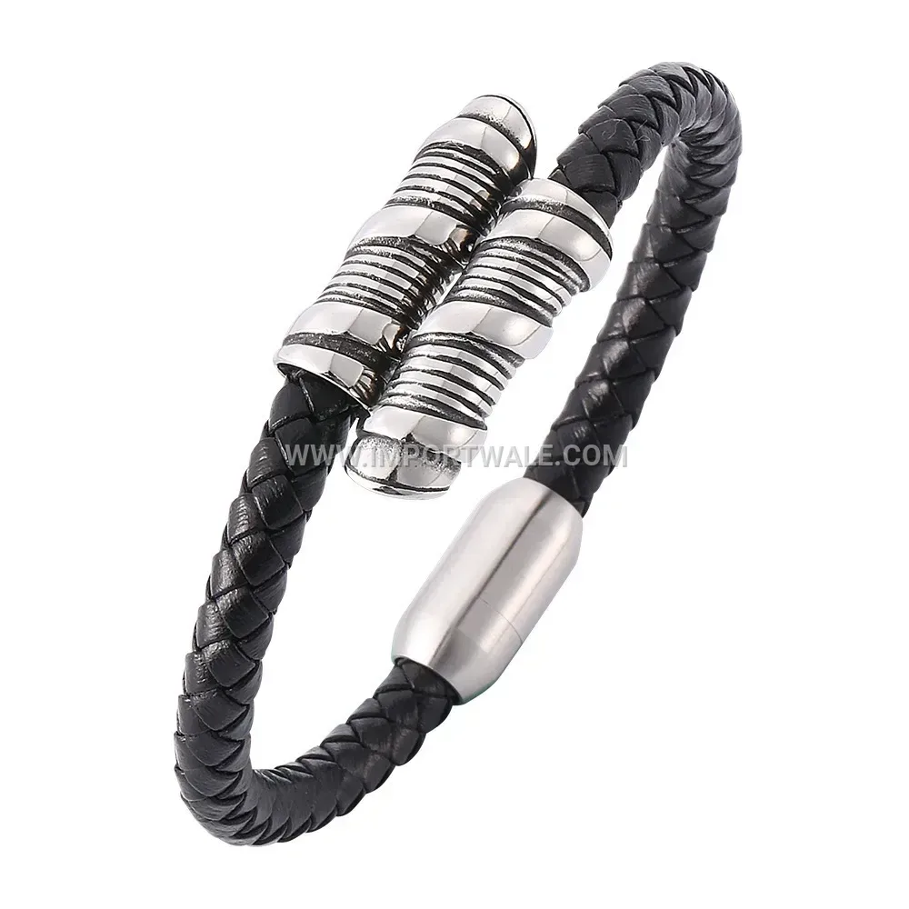 Retro Styled Leather Bracelet featuring Stainless Steel Magnetic Hardware