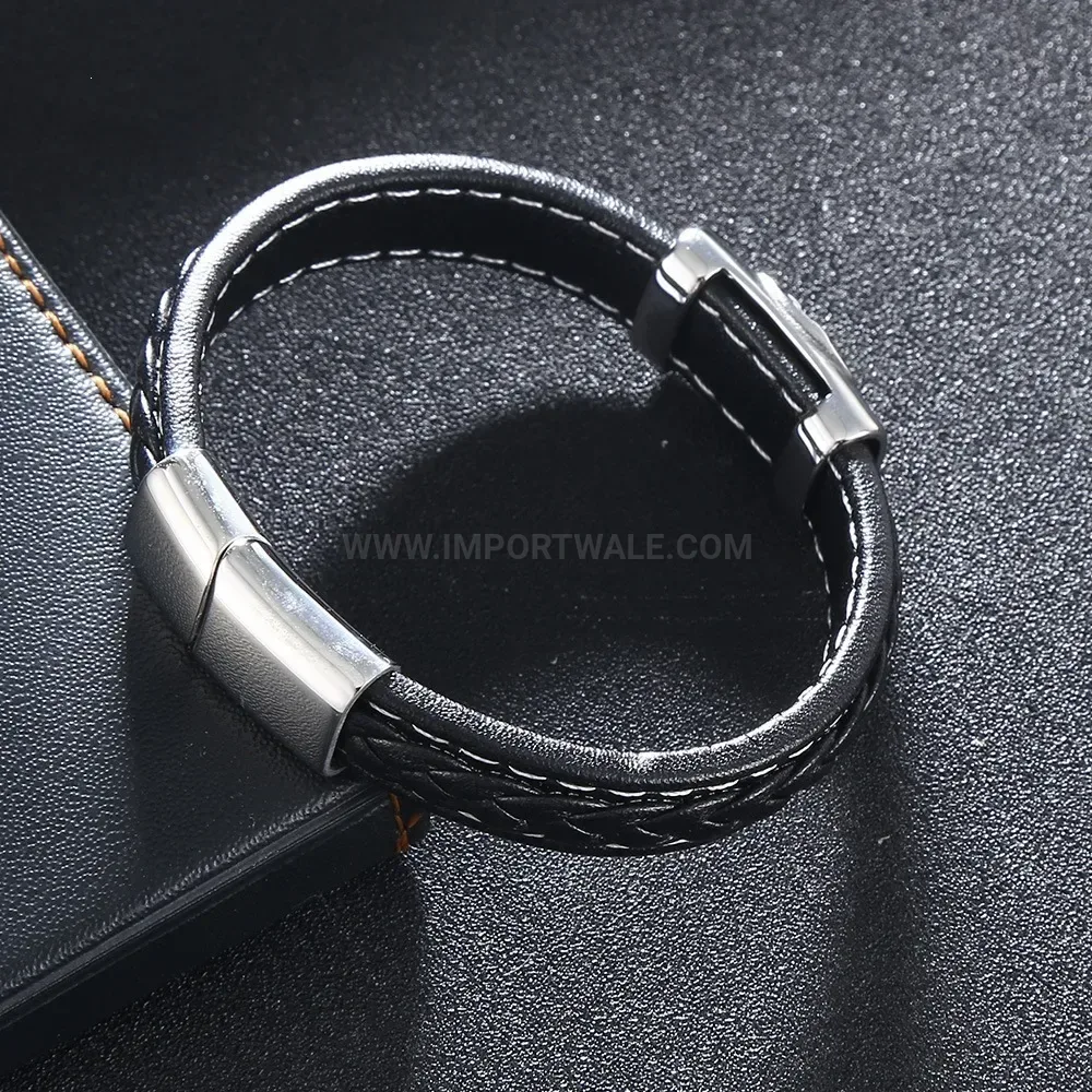 Braided Genuine Leather Wristband with Stainless Steel Clasp