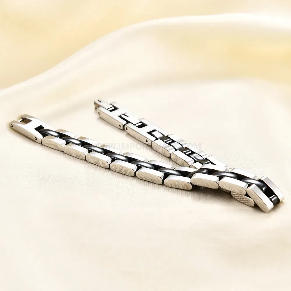 Stainless Steel and Ceramic Black White Geometric Link Chain Bracelet