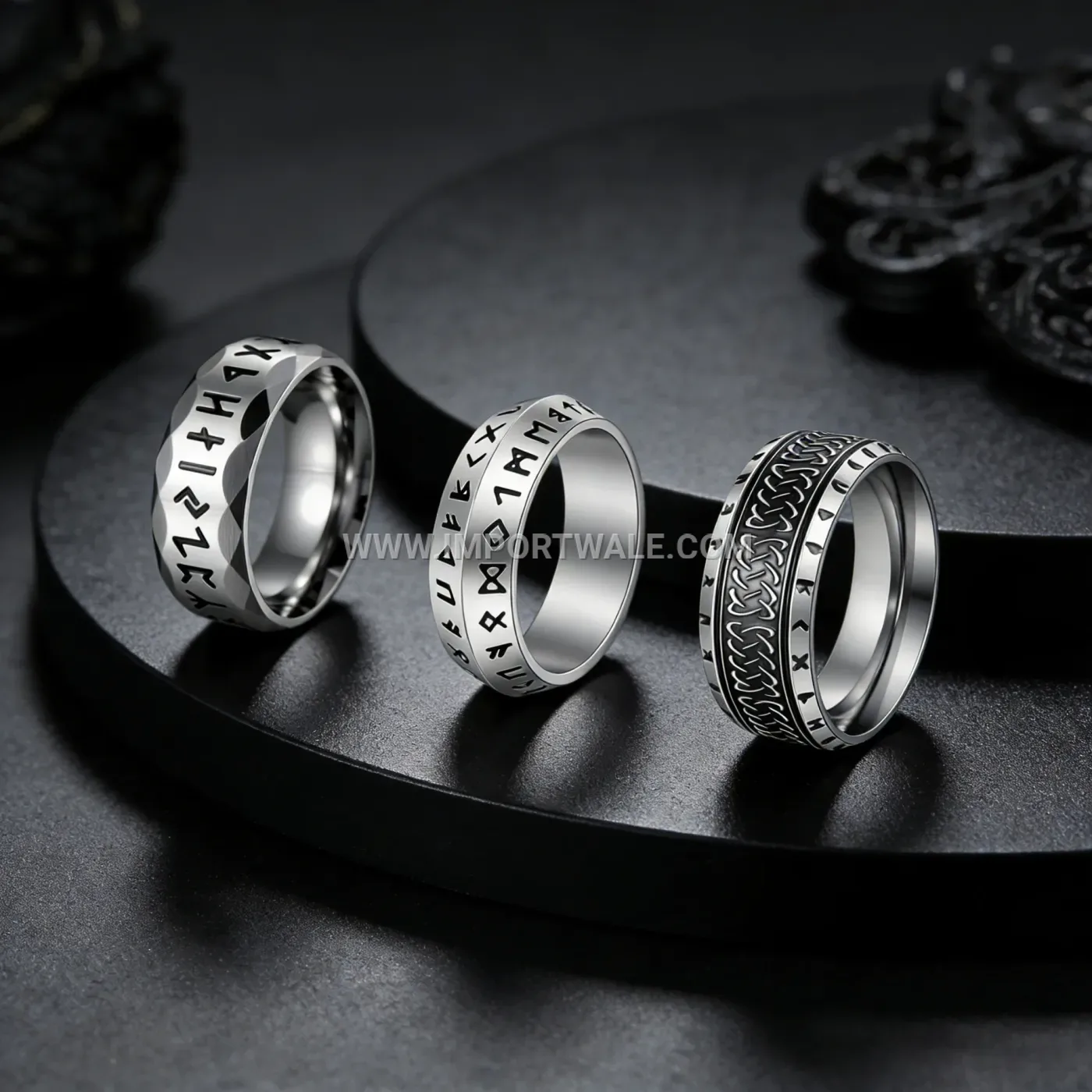 Spinning Zirconia Inlaid Etched Stainless Steel Band Ring