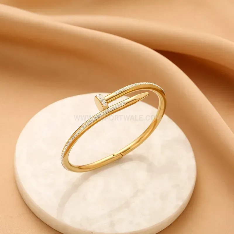 Stylish Pave Rhinestone Gold Plated Titanium Steel Nail Bangle Bracelet