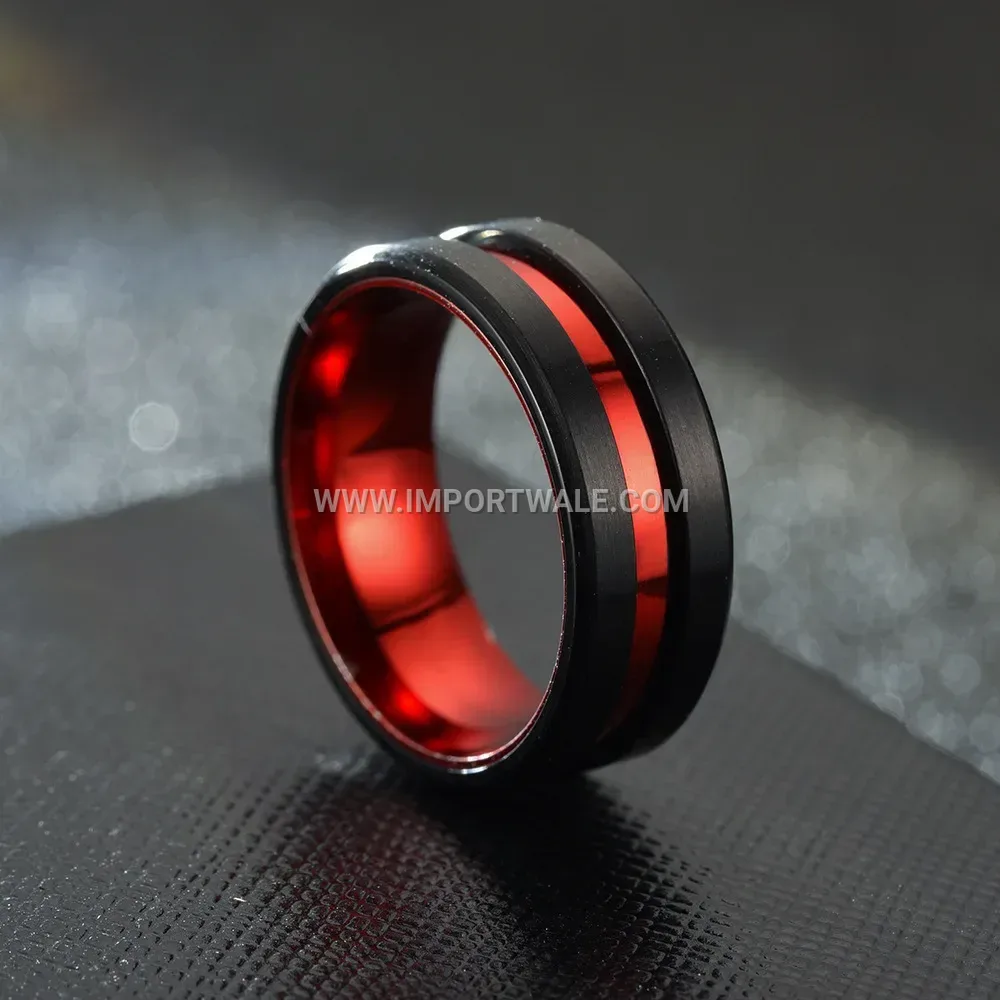 Two-Tone Red and Black Stainless Steel Grooved Band Ring