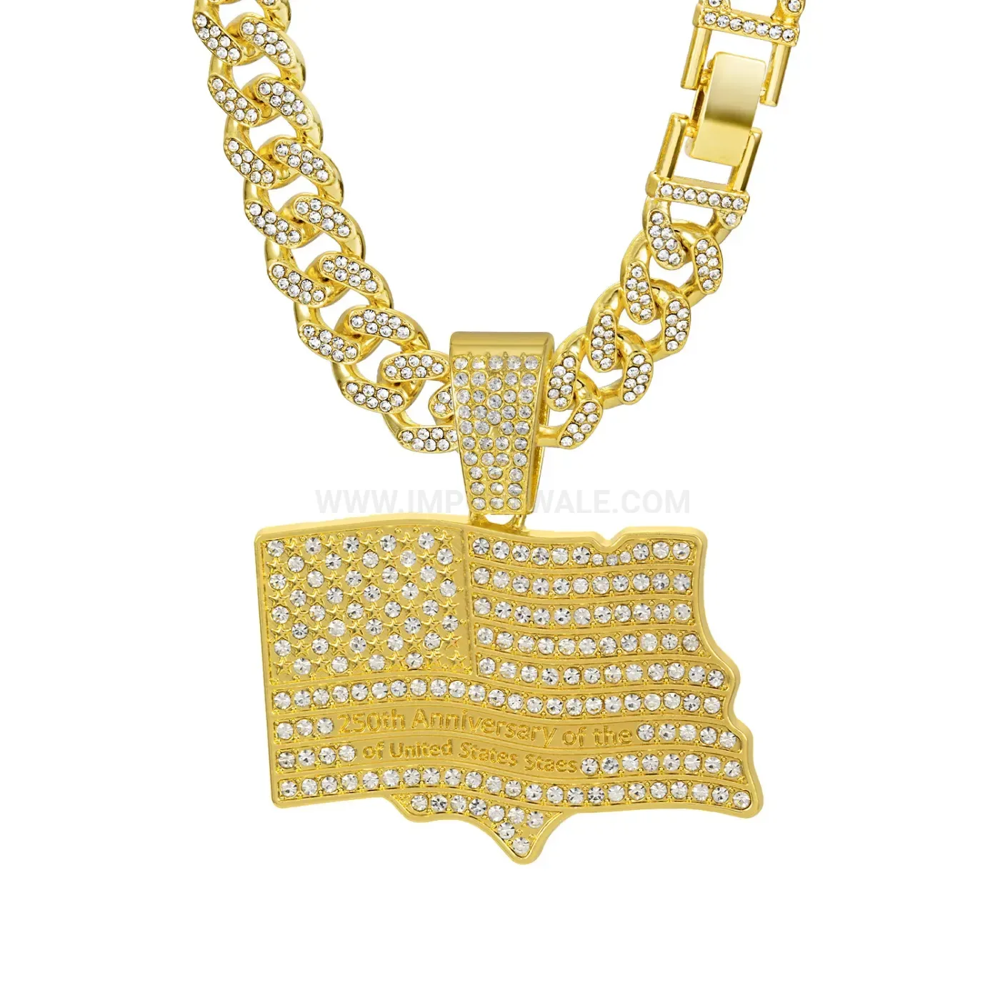 Fashion Rhinestone US Flag Star Letter Pendant Cuban Chain Necklace