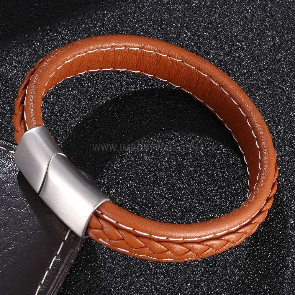 Handcrafted Brown Leather Bracelet with Stainless Steel Clasp