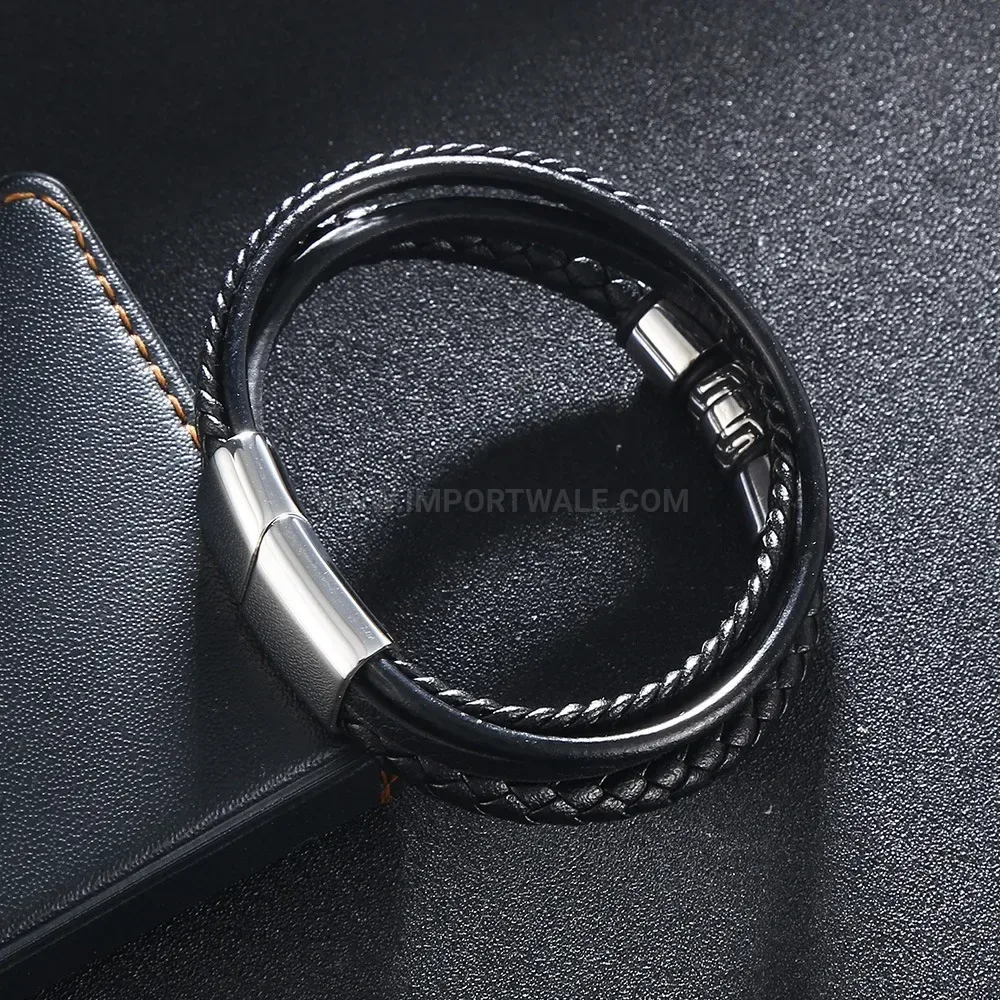Multi-Strand Woven Black Leather Bracelet with Stainless Steel Hardware