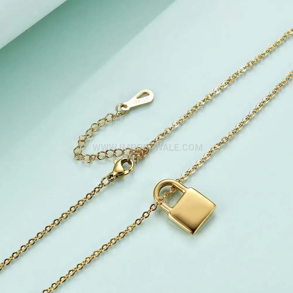 Polished Lock Pendant Layered 18K Gold Plated Stainless Steel Necklace