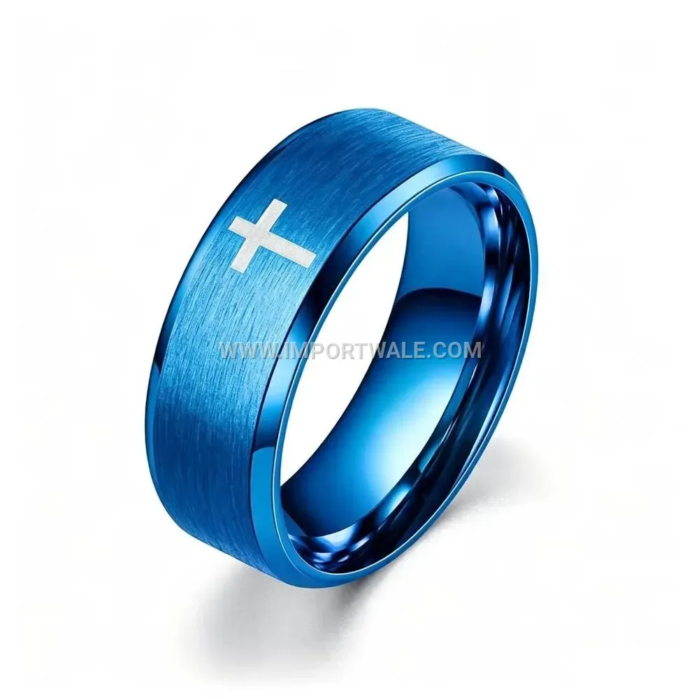Stainless Steel Christian Cross Beveled Band Ring