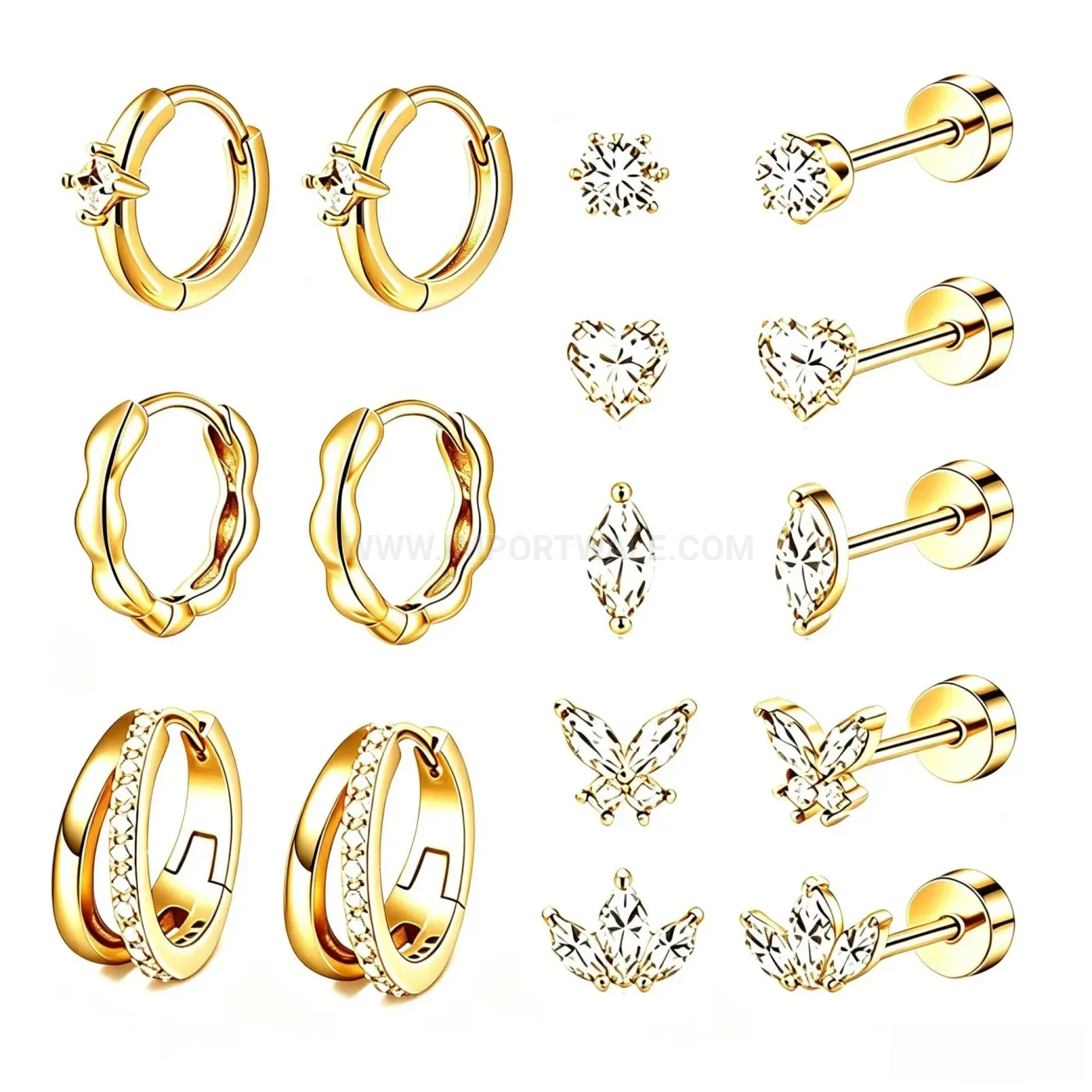 Stylish Stainless Steel Rhinestone Wave Heart Butterfly Stud Earring Set