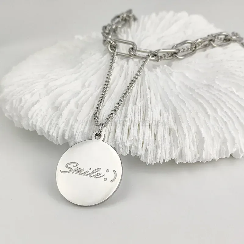 Trendy Multi Layer Titanium Steel Double Smile Round Tag Pendant Necklace