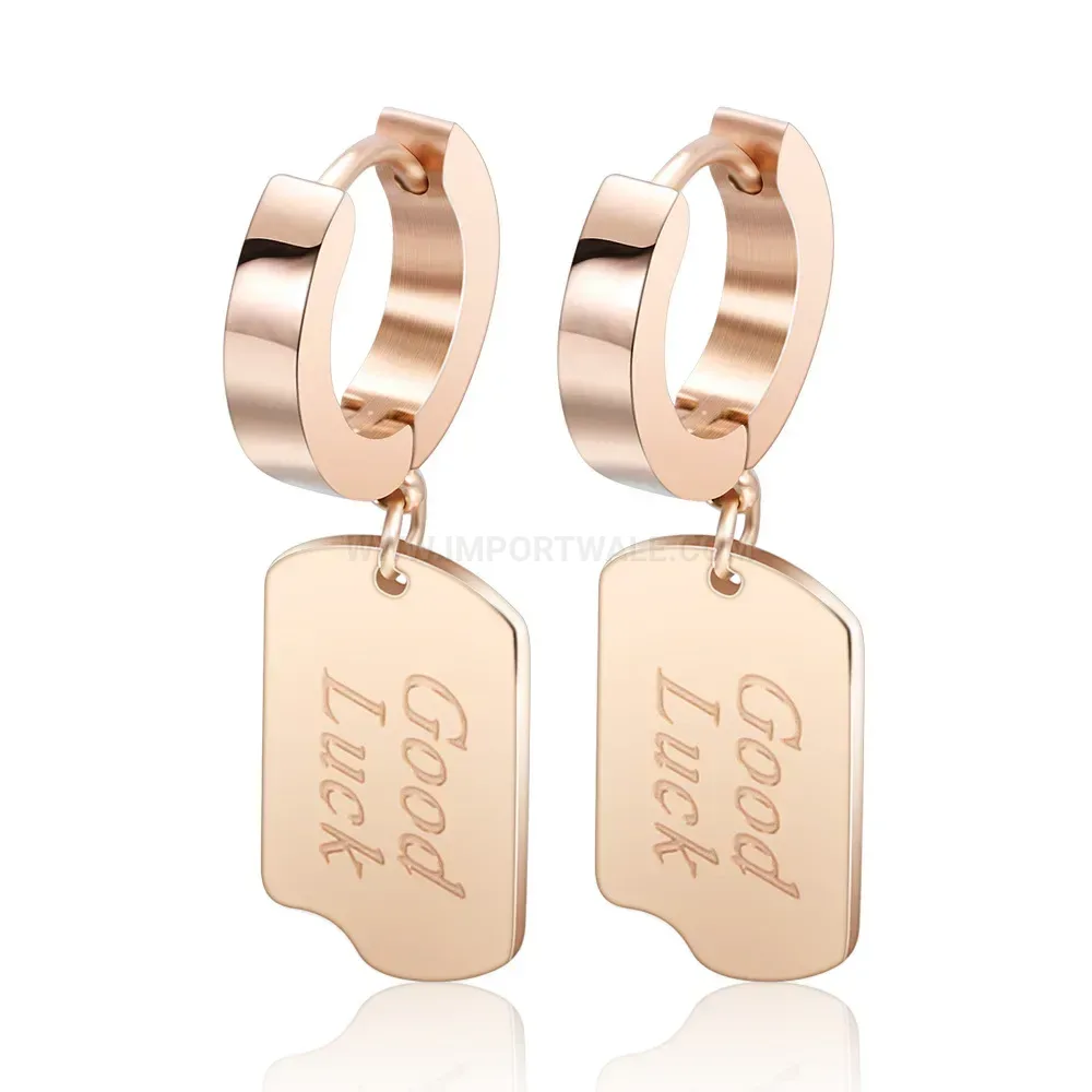 Elegant Minimalist Good Luck Engraved Rose Gold Stainless Steel Earrings
