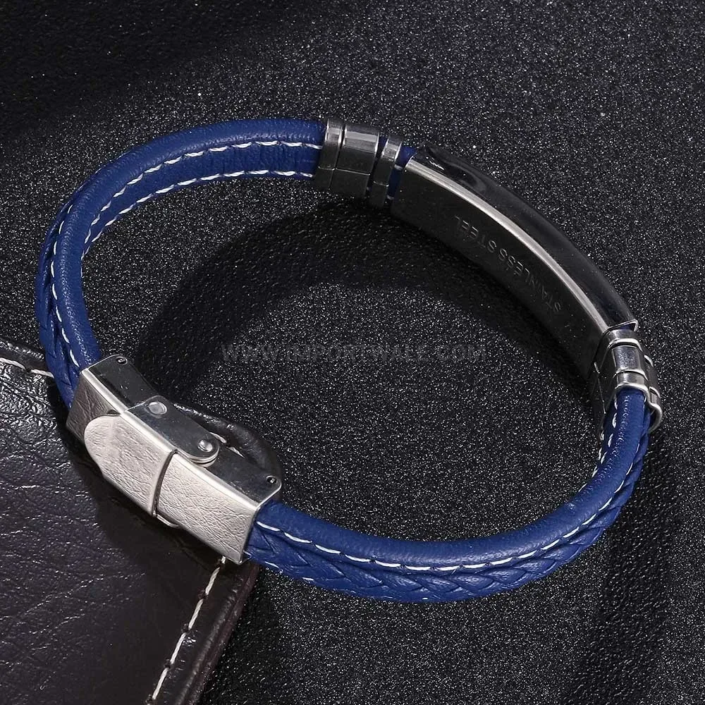 Woven Blue Leather and Stainless Steel Bracelet