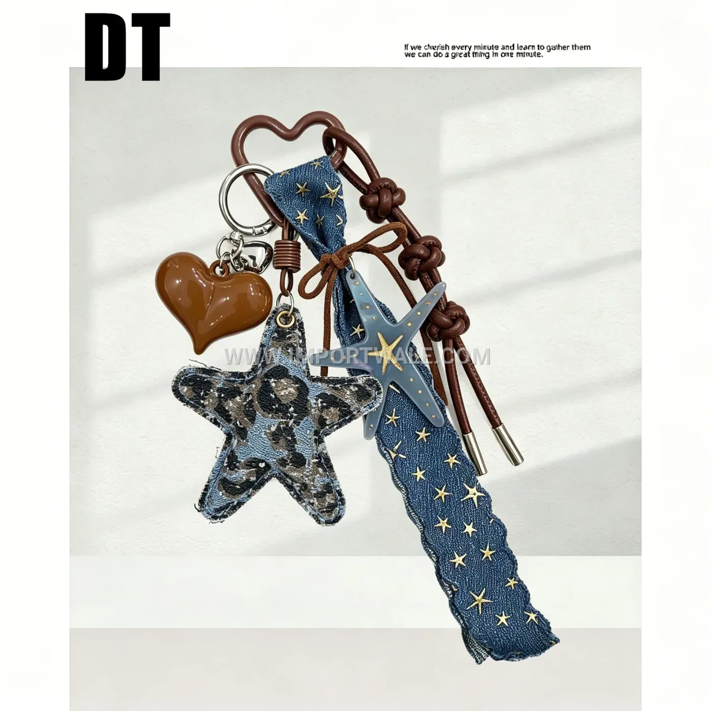 Leopard Print Denim Star Leather Heart Bag Charm Keychain