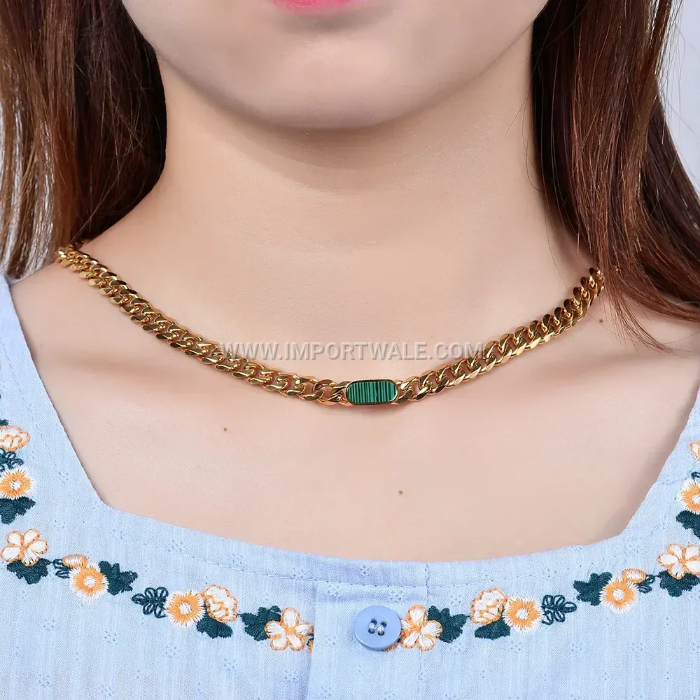 Gold Plated Stainless Steel Cuban Chain Shell Inlay Necklace