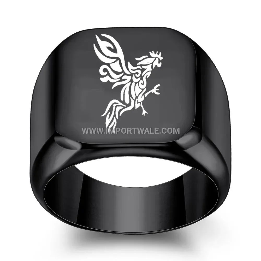 Rooster Motif Laser Engraved Square Stainless Steel Ring