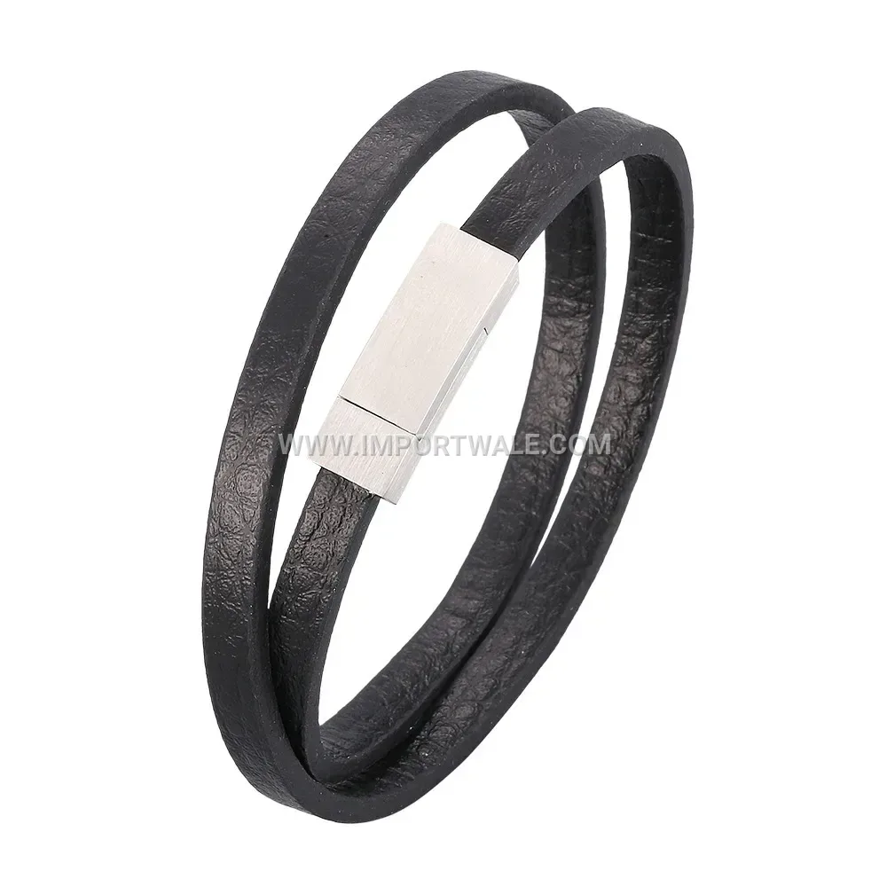 Multi Layer Black Leather Men Bracelet with Stainless Steel Accents