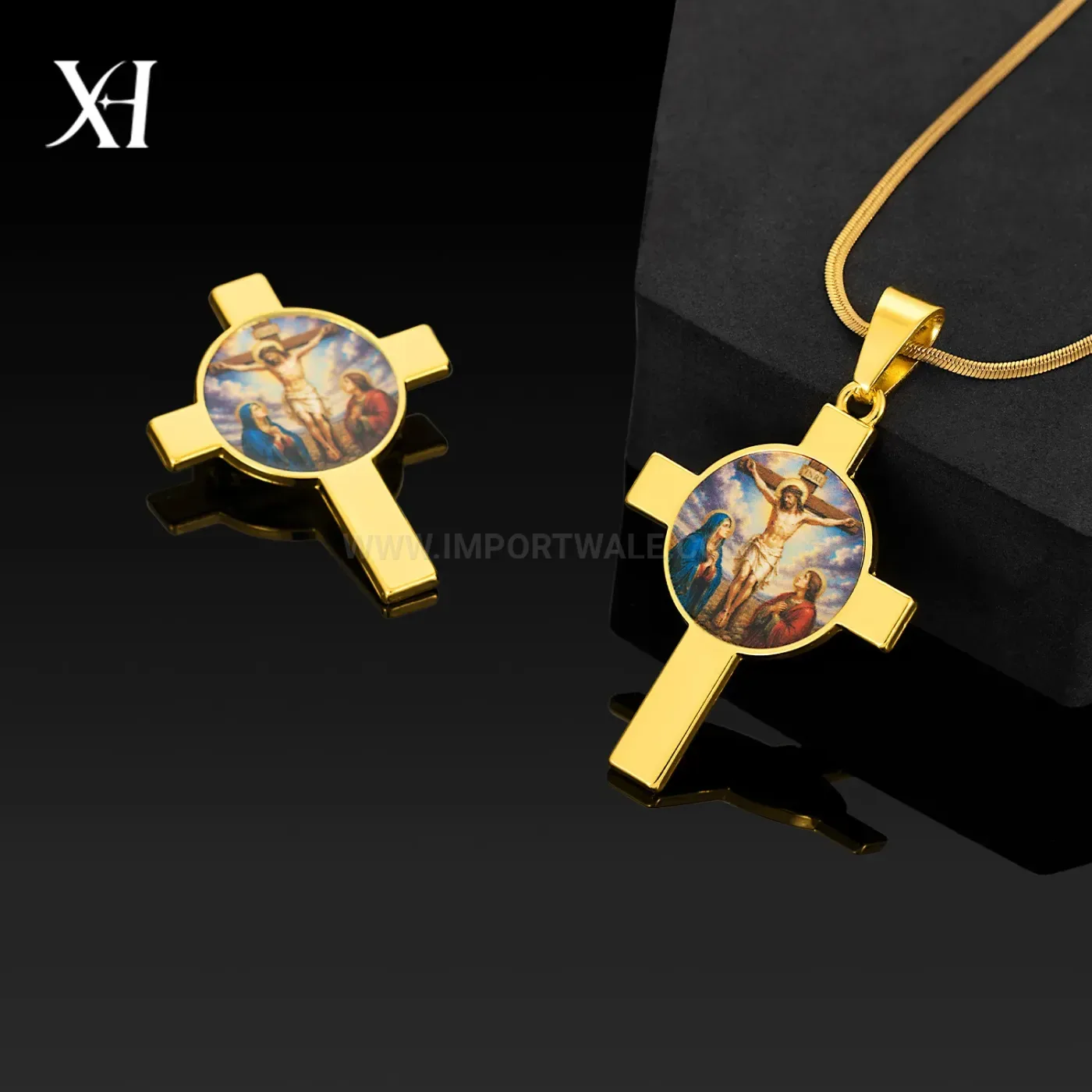 Chic Vintage Cross Portrait Pendant Necklace Brooch Set
