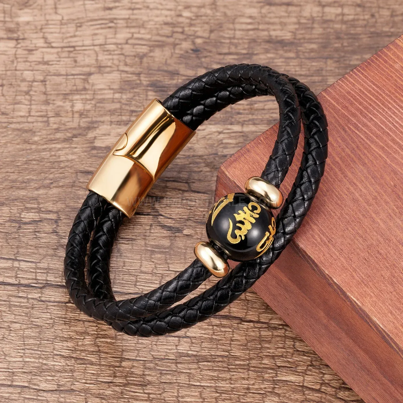 Double-Strand Braided Leather Natural Stone Magnetic Bracelet