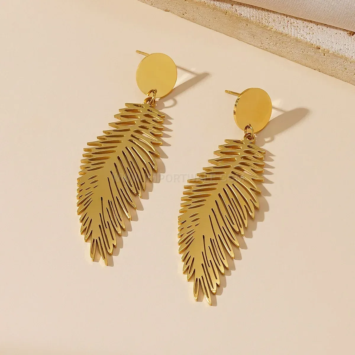 Gold Plated Titanium Steel Statement Feather Drop Earrings