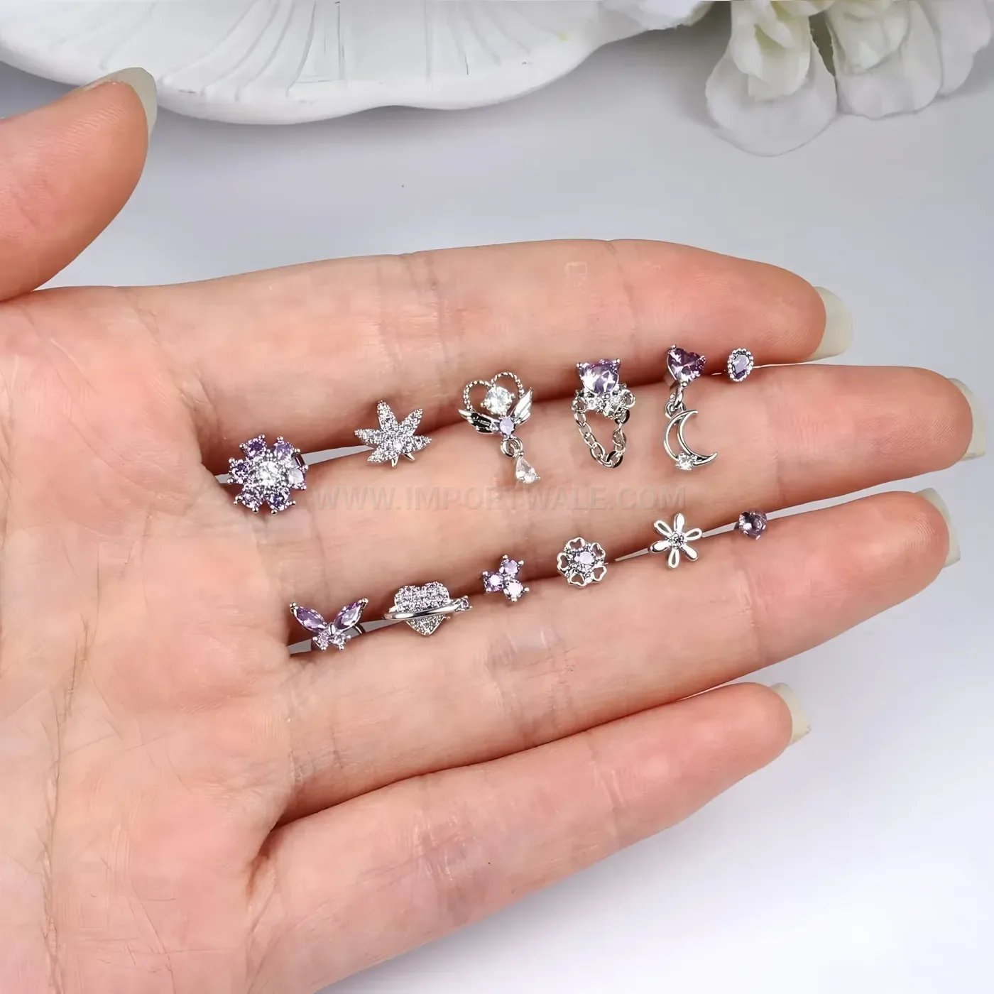Modern Stainless Steel Curved Nose Stud Piercing with Purple Cubic Zirconia