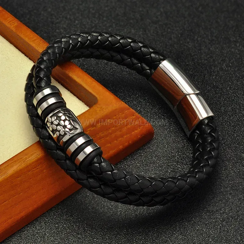 Fashion Handmade Beaded Microfiber Leather Stainless Steel Geometric Bracelet