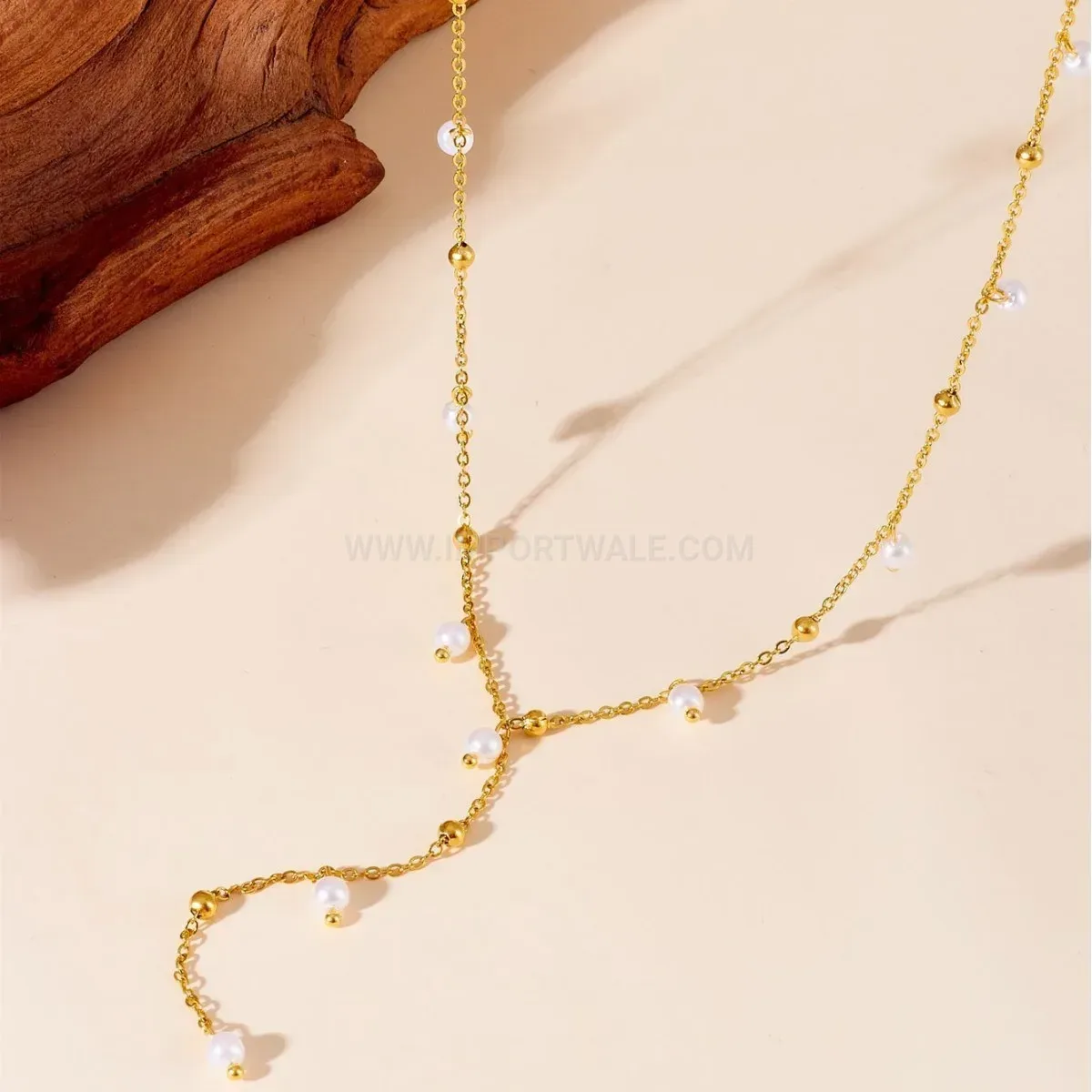 Trendy French Style Teardrop Pearl Y Necklace in Gold Plated Titanium Steel