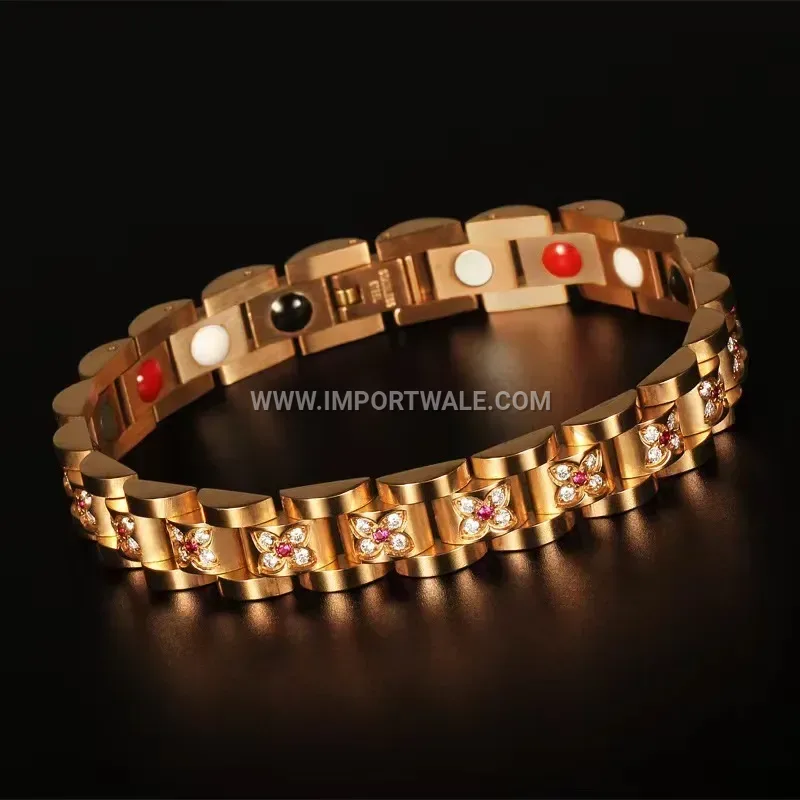 Cubic Zirconia Plum Blossom Magnetic Titanium Steel Bracelet