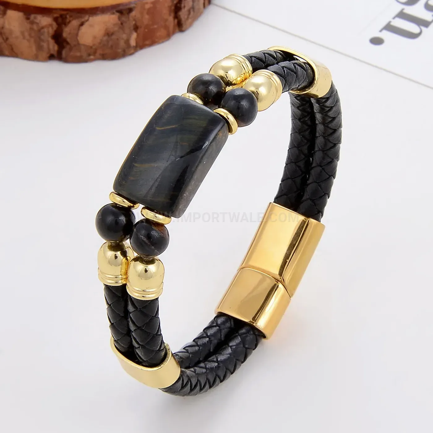 Handcrafted Braided Leather Stone Bracelet with Stainless Steel Clasp