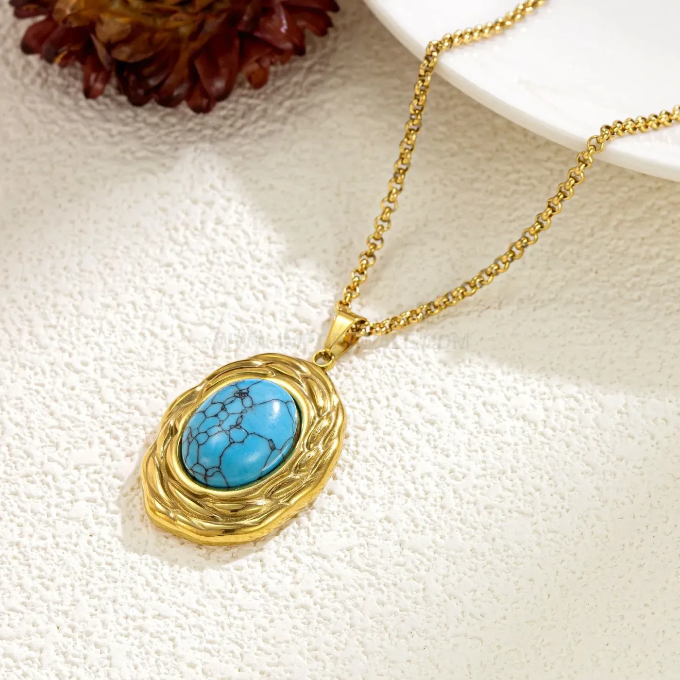 Modern Retro Titanium Steel Blue Turquoise Oval Pendant Necklace