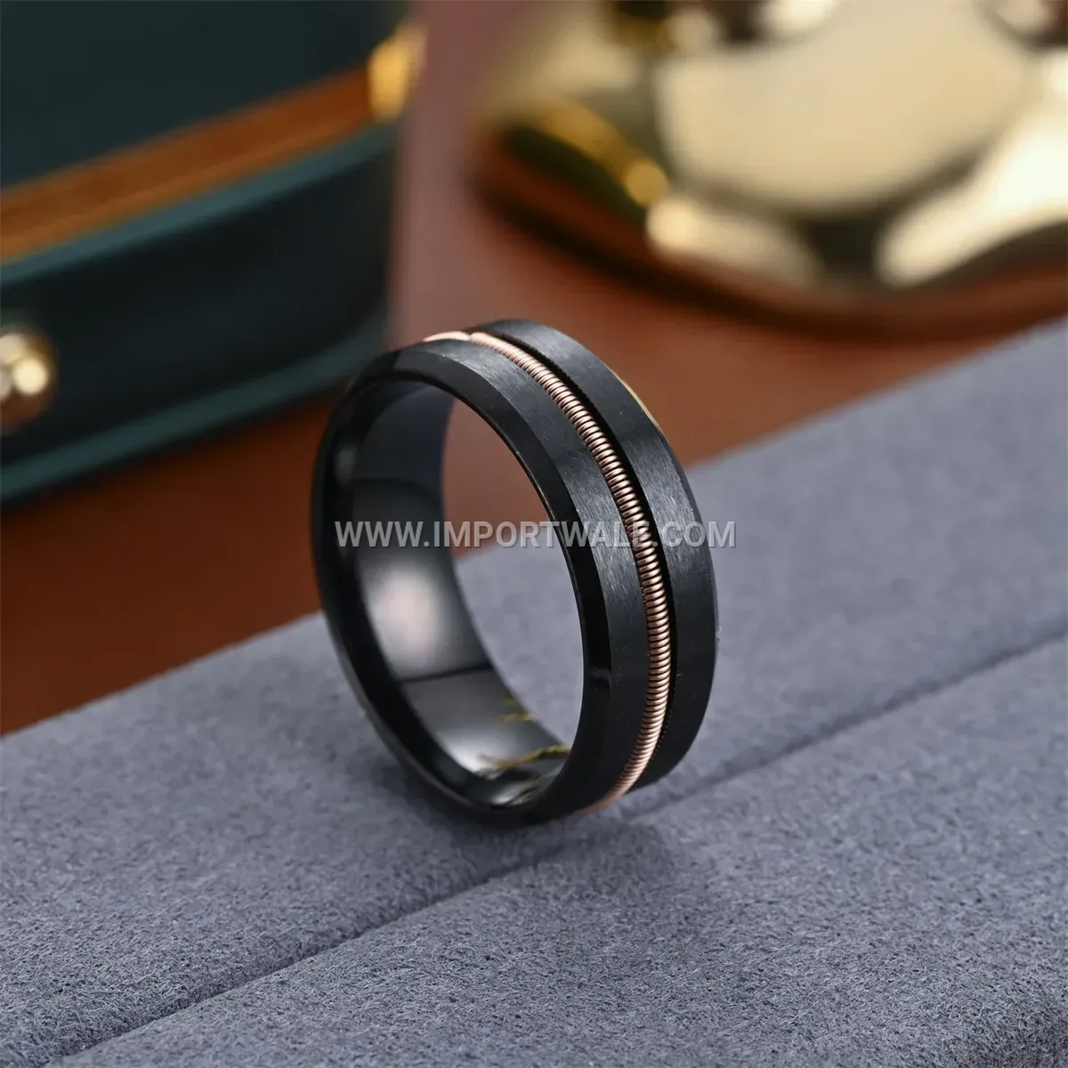 Matte Black Beveled Guitar String Stainless Steel Band Ring